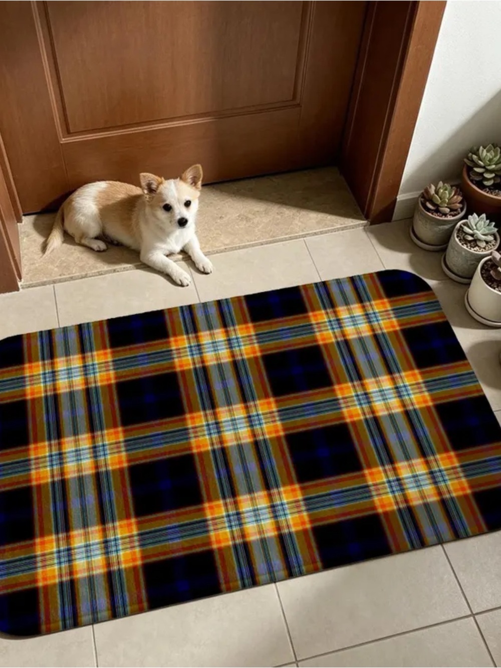 Plaid Door Mat in Black, Orange and Blue - Unbranded